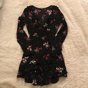 EXPRESS Black floral ruffle faux wrap dress